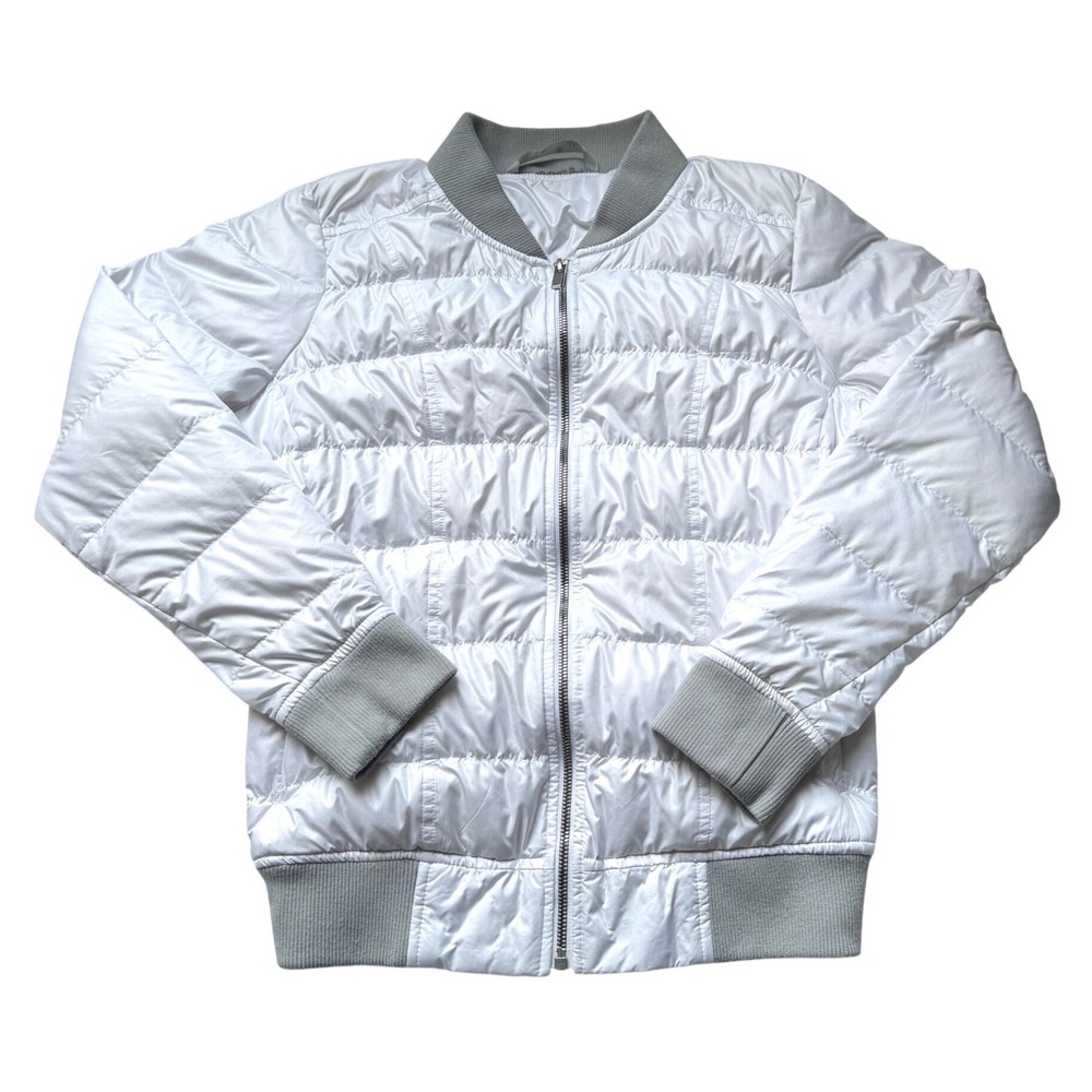 Athleta Down Bomber Jacket Small White Gray Trim Puffer Goose Down Zip - Picture 2 of 7